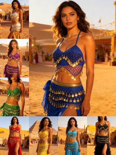 Bộ trang phục múa bụng phong cách Bohemian đính sequin hình đồng xu, áo cổ yếm và khăn quấn hông tua rua dành cho múa bụng phương Đông, lễ hội, tiệc tùng và biểu diễn sân khấu (Có nhiều màu sắc để lựa chọn)