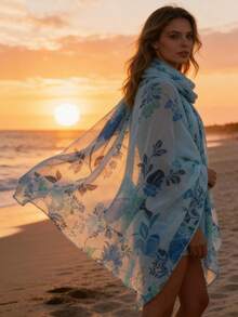 1条新款蓝色印花丝巾，轻盈透气，优雅时尚，女士防晒沙滩旅行围巾，巴厘岛雪纺休闲薄款女士围巾披肩 - 彩色 - 查看 3