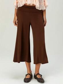 Women's Fold Over Waist Capri Fashionable Casual Solid Color Low Rise Wide Leg Crop Pants - 咖啡色 - 查看 1