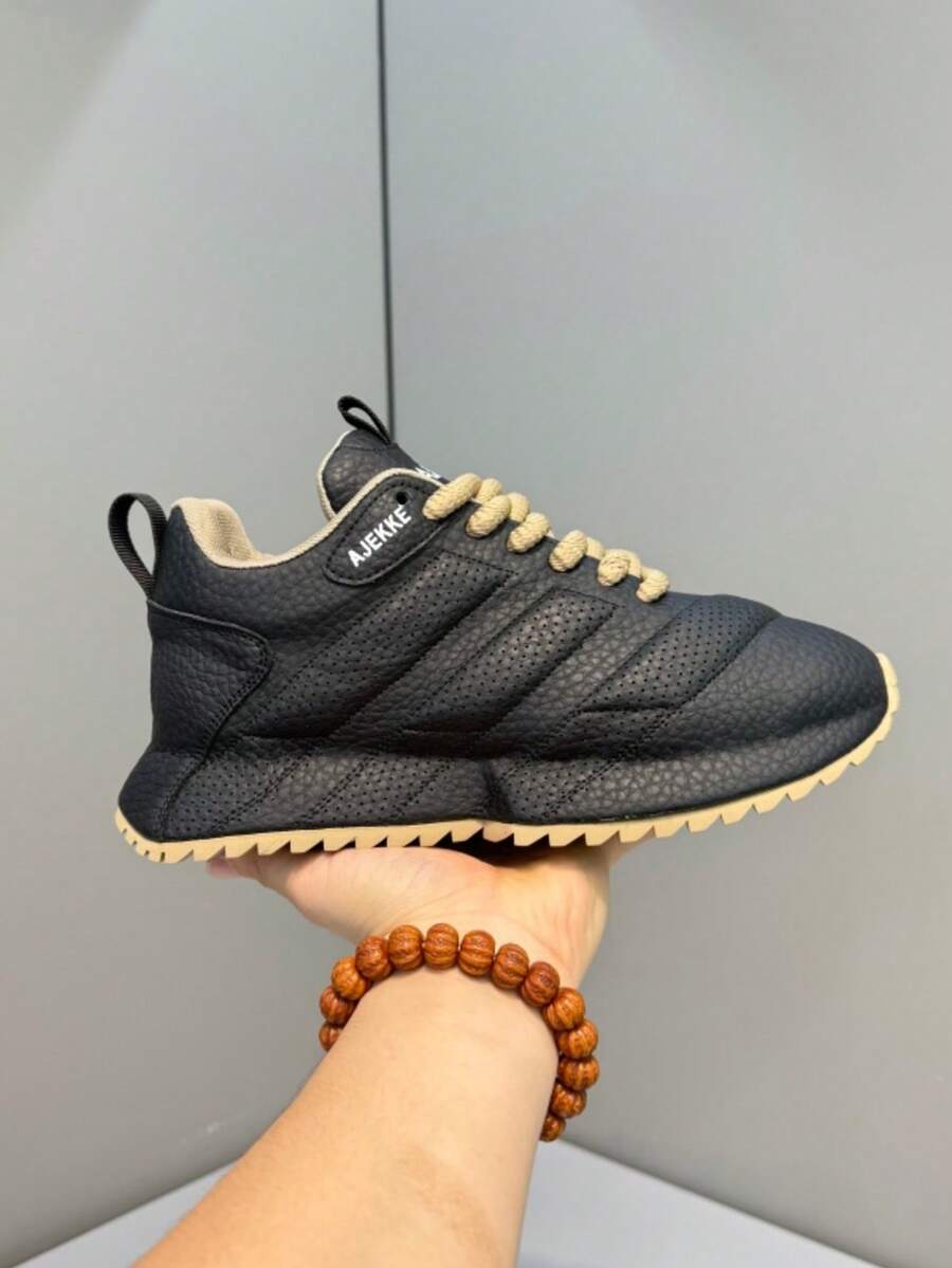 黑色荔枝纹理厚底运动鞋，卡其色绳带透气休闲增高鞋，百搭美式街头风健身房训练鞋，四季皆宜 - 黑色 - 查看 1