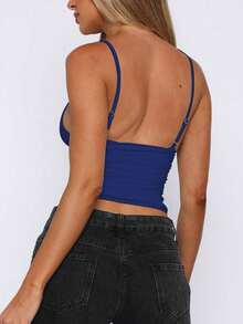 女士纯色V领性感修身街头风吊带露脐上衣，适合春夏、度假、派对、夜店休闲穿着 - 藏蓝色 - 查看 4