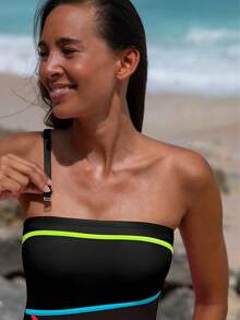 popvil Women's Colorblock Bandeau One-Piece Swimsuit With Mesh Cutout, Essential For Summer Vacation - Black - View 5