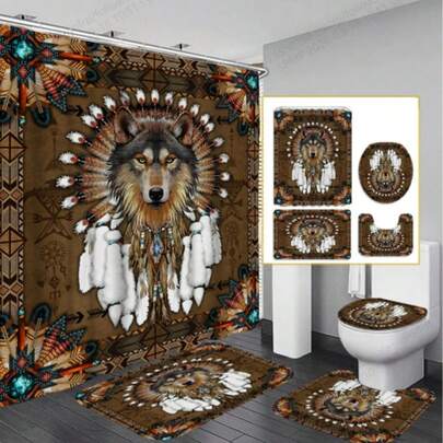 1/3/4pcs Wolf Howling Print Shower Curtain Decor, Bathroom Set, Camouflage Gift, Modern Home Decor, Shower Curtain & Bath Mat 3 Pieces Set, 12 Shower Curtain Hooks, Bathroom Window Curtain Shower Curtain Set, Home Decor, Bathroom Decor
