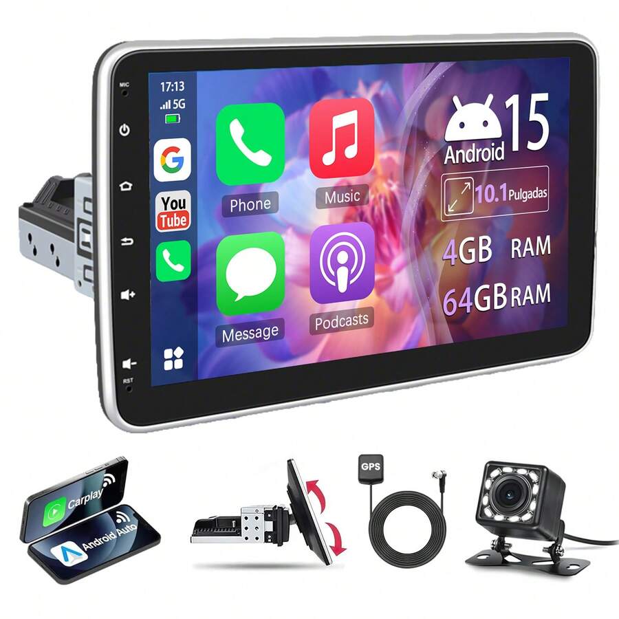 Carsapro Autoestéreo Giratorio Pantalla Táctil estéreo para carro Android 4+64GB Carplay Inalámbrico pantalla para auto 10.1 Pulgadas 1din stereo carro Android Auto WiFi GPS BT Mirror Link Camara - 1315A - Ver 1
