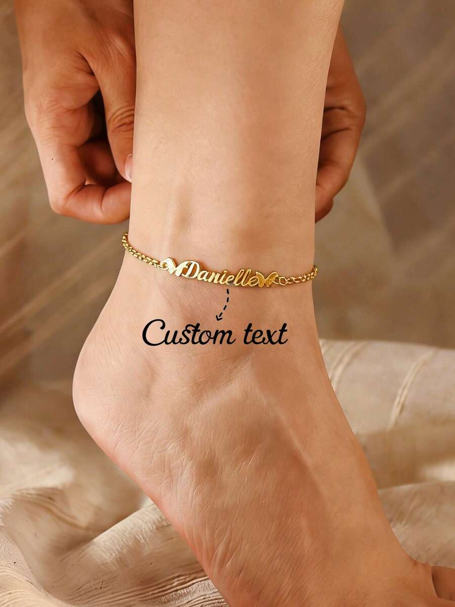 Vòng chân khắc tên theo yêu cầu, vòng chân hình bướm phong cách punk cá nhân hóa, chống thấm nước, không phai màu, thích hợp cho đám cưới, hoạt động ngoài trời, kỳ nghỉ biển, quà tặng Ngày Valentine/Giáng sinh. - Vàng - Xem 1