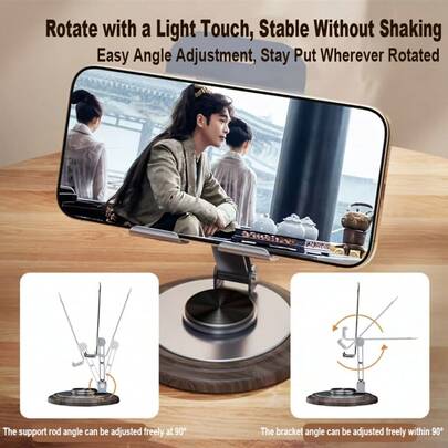 Wooden Base Phone Stand - Enlarged Sturdy Wooden Base + Thicker Support Arm + Carbon Steel Swivel, Comprehensive Upgrade For Durability, 360° Adjustable For All Phone Sizes, Stable For Office, Streaming, Video Calls, Premium Desktop Digital Accessory!