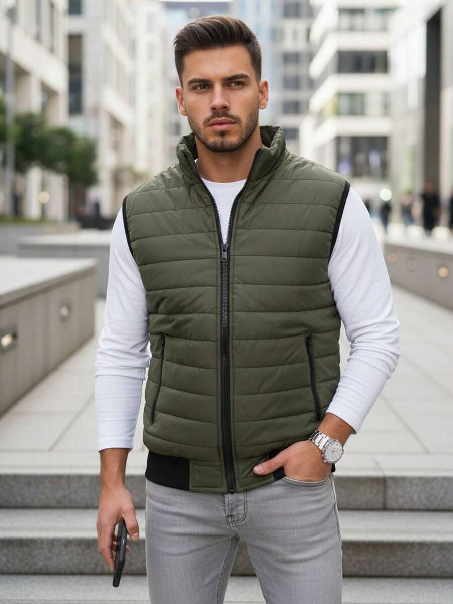 男士絎縫背心，無袖拉鍊夾克，立領，拉鍊口袋，下擺抽繩，帶襯裡，輕便布料 - 綠色 - 查看 1
