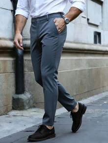 1pc Men's Thin Business Formal Suit Pants, Minimalist Casual Trousers, Wrinkle-Resistant Draping Slim Fit Straight Leg Pants, Spring/Summer - Light Grey - View 2