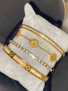 4件/1件 奢华不锈钢水钻四叶草和星星手镯套装，复古优雅女士珠宝套装，适合日常佩戴、送礼、派对、时尚圣诞礼物 - 金色 - 查看 5