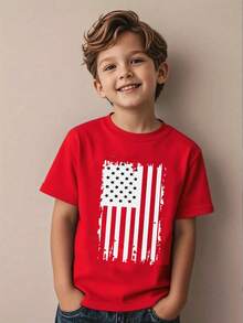 Boys & Teens' Casual Graphic Print Round Neck Short Sleeve T-Shirt, Summer Top - Red - View 2