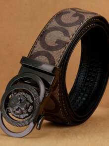 男士高级金虎头腰带 - 棕色 GG 字母印花，奢华棘轮腰带，配蓝色水晶眼睛 - 彩色 - 查看 5