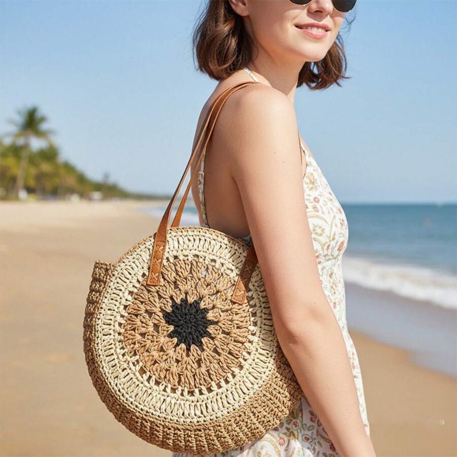 经典编织圆形沙滩单肩包，草编斜挎包，女士手提包，沙滩必备，沙滩用品，夏季必备，度假包，假日必备，旅行、度假、假日和海滩的完美之选
