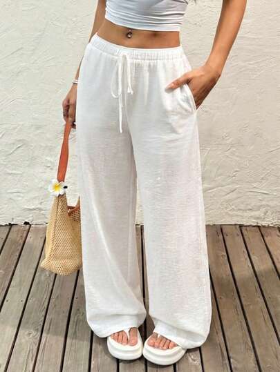 Women's Summer Minimalist Boho Vacation Outfits Casual Basic Daily Wear Linen Comfortable Low Rise Baggy Pants,Versatile Women's Wide Leg Lounge Pants Comfortable Soft Drawstring Trousers For Daily Casual Vacation Outfits,Suitable For All Seasons,Holiday Outfits For Women,Eid Dress For Women,Dresses For Occasions,Holiday Outfits For Women,Eid Dress For Women,Perfect For Music Festivals Spring White