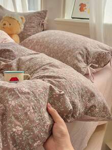 3pcs 100% Polyester 2026 Spring Floral Series AB Color Blocking Bedding Set, Includes 2 Bowknot Pillowcases + 1 Duvet Cover, Suitable For All Seasons - Multicolor - View 5