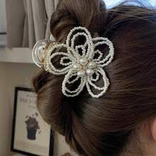 1pc Handmade Elegant Pearl Flower Hair Claw Clip, High-End Bun Updo Hair Claw Hair Accessory - White - View 5