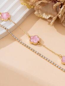 1pc Elegant Luxury Summery Pink Sweet Clover Sparkling Charm Multi-Layer Necklace For Women - Pink - View 4