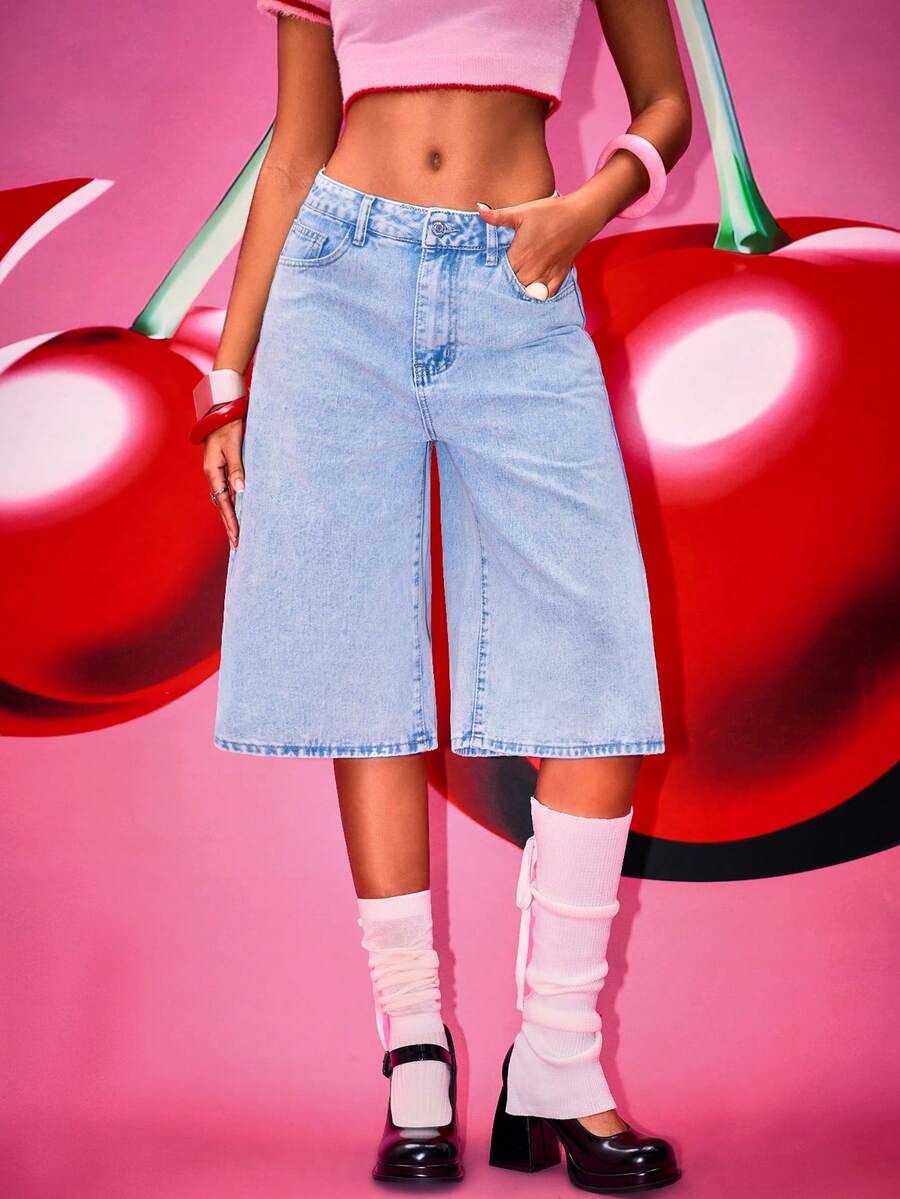 Women's Y2K Style Wide Leg Capri Length Jeans, With Button And Bow Embroidered Pocket Details, Casual Non-Stretch Light Wash Wide Leg Pants Summer - Light Wash - View 1