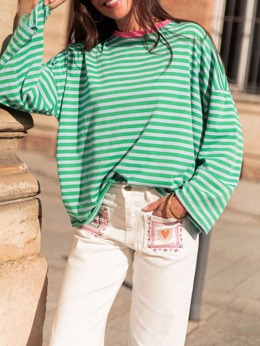 Women's Striped Casual Versatile Long Sleeve Top For Daily Wear Spring - Green-gray - View 1