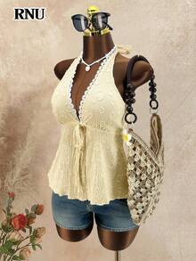Women's Sleeveless Camisole Top, With Ruffle Collar And Asymmetric Hem, Knit Fabric, Regular Length, Slightly Stretchy, Summer Blouse - Light Yellow - View 3