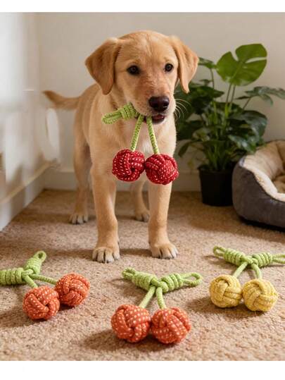 1个可爱樱桃造型狗狗磨牙玩具，耐用互动训练牵引绳玩具，适合中小型犬咀嚼和互动。多功能磨牙绳，可用于室内外训练和牙齿清洁，专为爱啃咬的狗狗设计，适合所有犬种（幼犬和成犬）。
