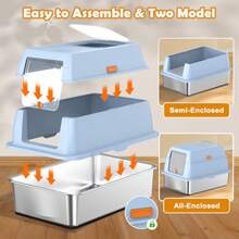 Vivifying - Caja de arena de acero inoxidable con tapa entrada frontal XL caja de arena extragrande para gatos y gatitos grandes sartén de metal extraíble para gatos con carcasa de alta cara - Azul - Ver 4