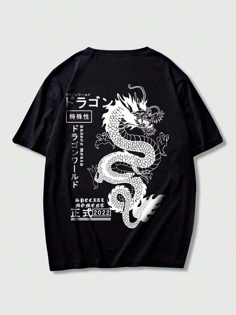 Camiseta con estampado de dragón estilo Y2K para hombres, estilo de los años 2000 - Negro - Ver 1