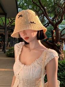 1顶女士甜美蝴蝶结手工钩编渔夫帽，透气镂空防晒沙滩帽，夏季必备 - 多色 - 查看 2