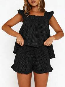 Women Summer Pajama Set Solid Flying Sleeve Tank Tops And Ruffle Shorts 2 Piece Casual Lounge Outfit - Black and White - View 3