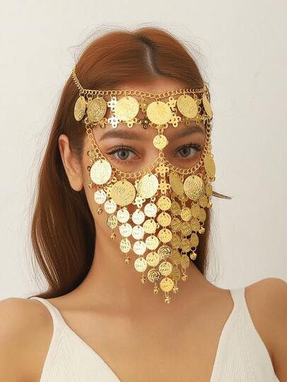一款优雅的复古金色面具面纱，时尚镂空硬币合金面帘，流苏面具配饰，用途广泛，适用于化装舞会、街头摄影、夜店迪斯科、节日嘉年华角色扮演，闪亮夺目的时尚性感限量版金属面具，适合母亲节、复活节和音乐节佩戴。