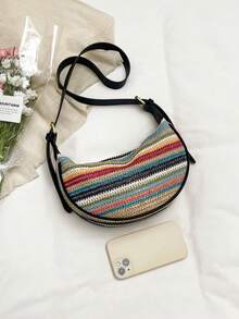 1个波西米亚风彩虹条纹编织新月包，轻便单肩包，配有可调节PU皮肩带，女士夏季沙滩休闲斜挎包 - 黑色 - 查看 10