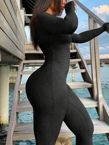 AiTyi Women's Plus Size Casual Jumpsuit, Zipper Closure Slim Fit Black Jumpsuit, Elegant For Fitness, Outdoor, Street, Y2K Party, Spring Outfit - Black - View 7