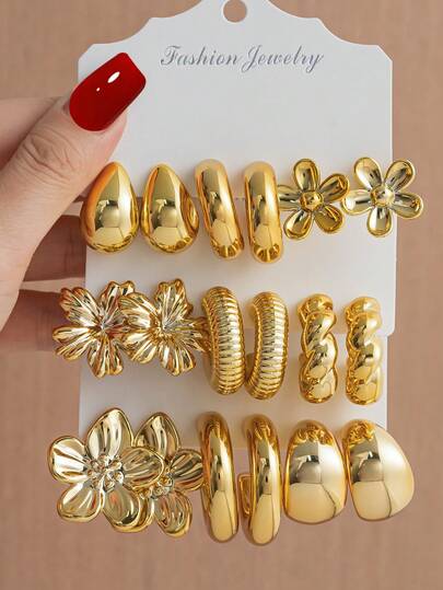 6-18件套女士轻盈水滴形、C形、花朵形、扭绳耳环套装，适合日常佩戴，节日礼物