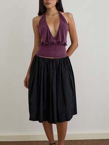 Women's Summer Halter Tops Stylish Solid Ruched Slim Fit Backless Sleeveless Vest - Màu tím - Xem 4