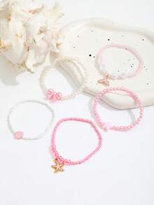 5pcs Faux Pearl Bowknot Beaded Elastic Bracelet Set, Scallop, Starfish Pendant, Multi-Element Pearl Bracelet For Women - Gold - View 3