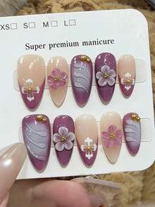 10 móng tay giả thủ công nguyên chất, móng dài hình hạnh nhân, màu tím, kiểu dáng nữ tính nhẹ nhàng, hiệu ứng chuyển màu tím 3D với hoa 3D dễ thương và điểm nhấn bi thép vàng, móng tay giả mộng mơ và lãng mạn dành cho phụ nữ và bé gái, thích hợp cho các lễ hội mùa xuân, hè, thu, đông và sử dụng hàng ngày. - Màu tím - Xem 1