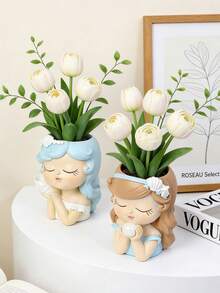 Sweet Dream Girl Desktop Planter Set - Suitable For Desk/Bedroom, Cream Aesthetic Home Decor, Multifunctional Desktop Storage And Creative Gift - Flowerpot - View 2