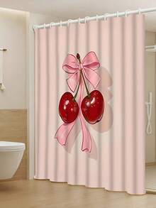 1/4 件装樱花蝴蝶结图案防水涤纶浴帘，配 12 个挂钩，浴室防滑垫，马桶座套和 U 型垫 - A - 查看 9
