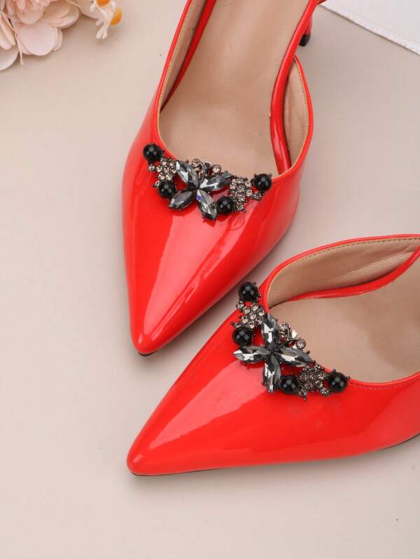 1 par (2 piezas) Accesorios de zapatos desmontables DIY, hebillas de metal decorativas con cristales de luna y flor en dorado, blanco y negro, elegantes y de moda, clips para zapatos para tacones altos, tacones, zapatos de novia, zapatos de cita, zapatos de boda