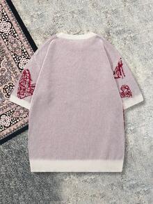 Men's Unisex Round Neck Knit Short Sleeve Loose Street Casual Versatile Commute Heart Print Spring Summer Top - Apricot - View 3