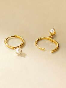 1对时尚简约优雅小巧珍珠耳环，适合日常通勤和夏季佩戴 - 金黃色 - 查看 3