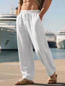 Pantalones deportivos casuales sueltos y transpirables de lino para hombres, adecuados para la playa, primavera/verano - Blanco - Ver 3