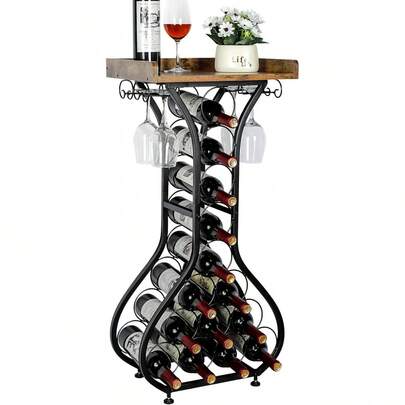 Wine Rack Freestanding Floor, Bar Table Wine Holder Stand Liquor Cabinet With Glass Holder Wood Tabletop 14 Bottles Floor Wine Storage Home Bar Kitchen Living Room