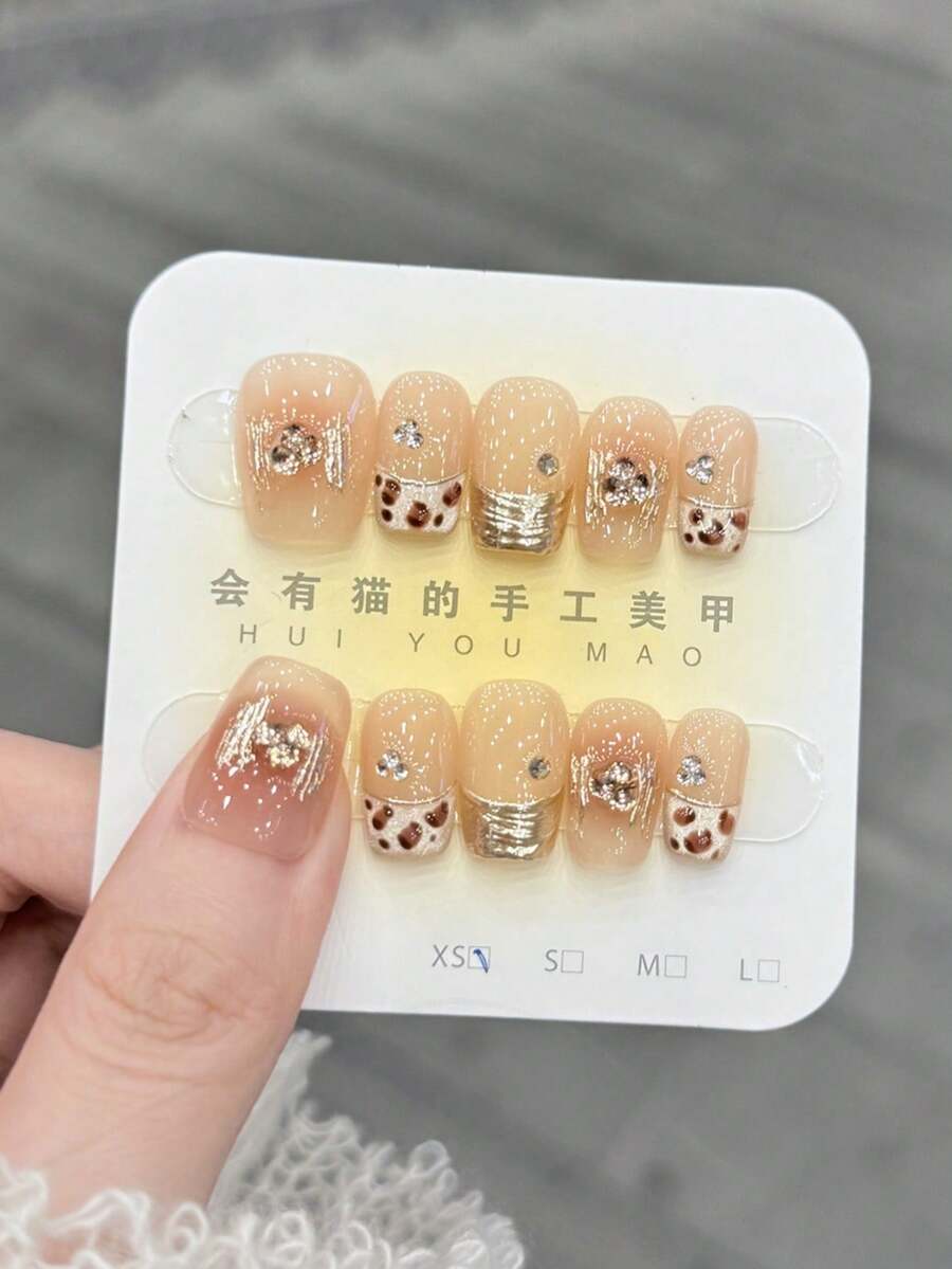 10pcs/Set Press On Manicure, Gilded Pleated Blush, Glitter, Piled Up Rhinestones, Cat's Eye, Hand Painted Leopard Print, Gilded Temperament Handcrafted Wearable Nails - Multicolor - View 1