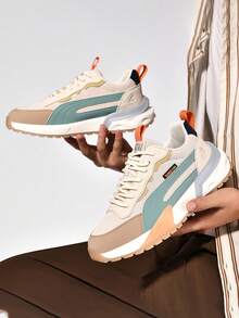 Men Colorblock Chunky Sneakers, Retro Lace-Up Casual Sports Shoes For Campus, Walking & Daily Wear - Beige - View 3