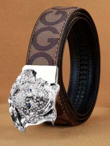 男士棘轮皮带，配金色美杜莎扣环 - 闪亮水晶字母印花腰带，可调节滑扣皮带 - 彩色 - 查看 4