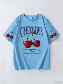 我的朋友是我的樱桃 女士樱桃/浆果水果印花圆领T恤 - 淺藍色 - 查看 3