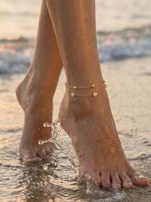 1 pieza Tobillera de acero inoxidable chapada en oro de 18K con capas, cuentas de circonita cúbica y dije, joyería para el pie, accesorio de verano para la playa para mujeres - Tobillera de circonita de doble capa - Ver 6