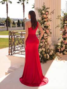 ADYCE Elegant Pleated High Slit Cocktail Party Maxi Dress Wedding Spring - Red - View 2