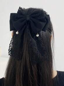 1个女士优雅蕾丝珍珠蝴蝶结发夹，黑色，适合春夏日常休闲佩戴 - 黑色 - 查看 2