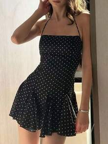 Đầm mini chấm bi hai dây gợi cảm hở lưng dáng chữ A dành cho nữ, trang phục mùa hè dự tiệc bãi biển, câu lạc bộ. - màu đen - Xem 5